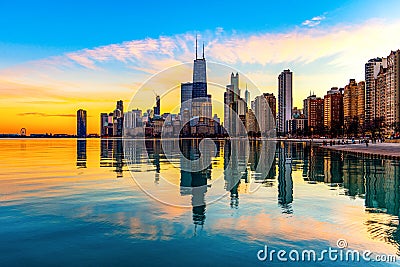 Chicago skyline reflection in Lake Michigan Stock Photo