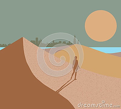 The Chicago skyline is seen in the distance as a girl walks on the sand dunes Cartoon Illustration
