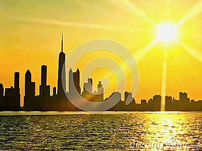 Chicago skyline seen from Lake Michigan, with sunset and sunbeams extending over cityscape during summer Stock Photo