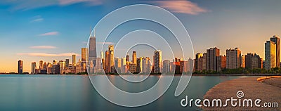 Chicago skyline at sunset viewed from North Avenue Beach Editorial Stock Photo