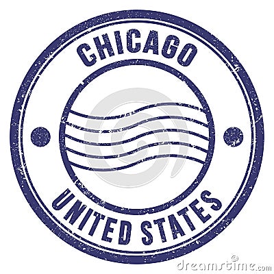 CHICAGO - UNITED STATES, words written on blue postal stamp Stock Photo