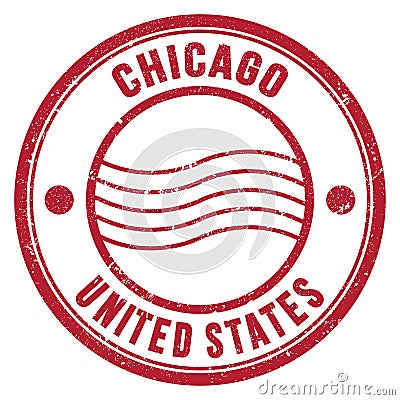 CHICAGO - UNITED STATES, words written on red postal stamp Stock Photo