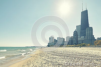 Chicago waterfront against the sun, USA. Stock Photo