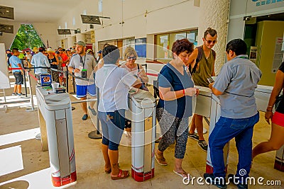 CHICHEN ITZA, MEXICO - NOVEMBER 12, 2017: Unidentified people wait in a queue for buy tickets to enter and visit at Editorial Stock Photo