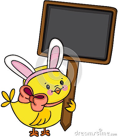 Chick with bunny ears holding blank wooden signboard Vector Illustration