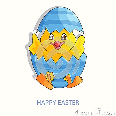 Yellow Easter chicken baby in cracked egg, chick born from egg. Cartoon Illustration