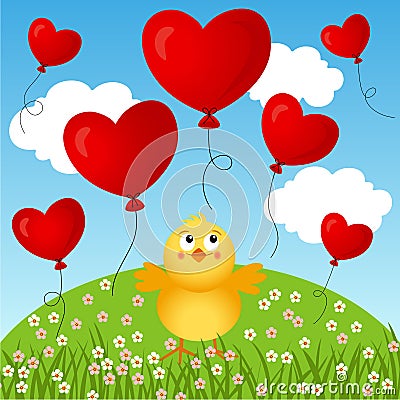 Chick with flying heart balloons background Vector Illustration