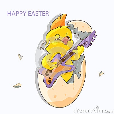 New born chick Rock star, cute yellow Easter chicken in cracked egg. Vector Illustration