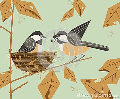 Chickadee bird couple Vector Illustration