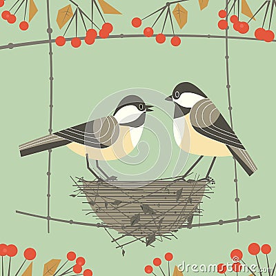 Chickadee bird couple Vector Illustration