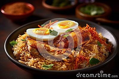Chicken Biryani rice with eggs in a bowl with Indian food AI generated Stock Photo