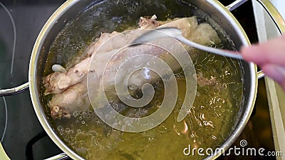 The Chicken Boiling in Water at a Maximum Temperature of Stock Footage