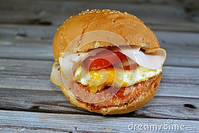 Chicken breast burger with fried egg, tomato slice, smoked turkey ham in a bun bread sandwich with ketchup and mayonnaise, Stock Photo