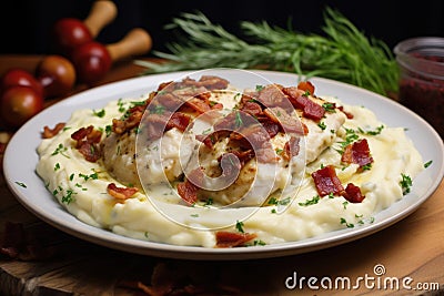 Chicken breast dish with dried tomatoes, parmesan cheese with potato pore Stock Photo