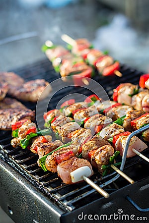 Chicken breast on wooden skew Stock Photo