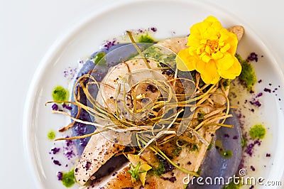 Chicken breasts elegantly served on white plate Stock Photo