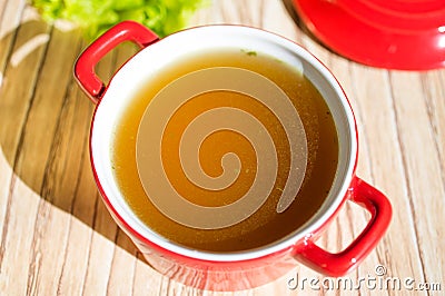 Chicken broth, bouillon, clear soup. Stock Photo