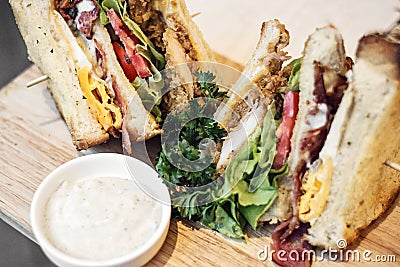 Chicken burger bacon egg salad club sandwich set Stock Photo