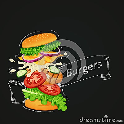 Chicken burger icon. Flying burger showing ingredients with outline and ribbon drawn with chalk. Vector Illustration