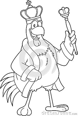 Outlined Chicken Rooster King Cartoon Character With Golden Crown And Scepter Vector Illustration