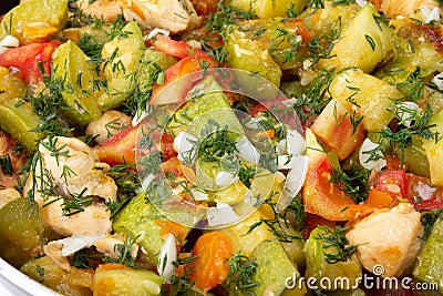 Chicken. carrot and zucchini on pan vegetable food, dish roasted Stock Photo