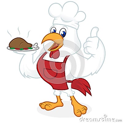 Chicken cartoon wearing chef hat and carrying food Stock Photo