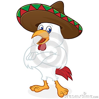 Chicken cartoon wearing sombrero and folding hands Stock Photo