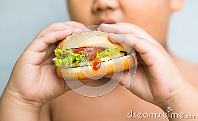 Chicken cheese Hamburger on obese fat boy hand Stock Photo