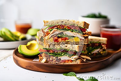 chicken club sandwich with thinly sliced chicken and avocado Stock Photo