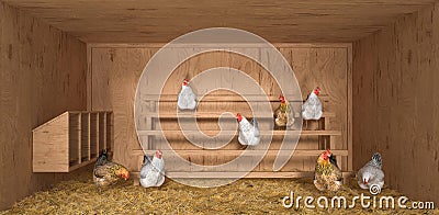chicken coop with hens made of new wood lined with hay Cartoon Illustration
