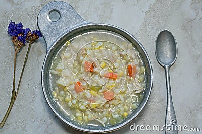 Chicken corn soup with rivels Stock Photo