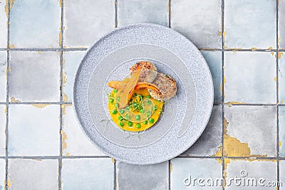 Chicken cutlet with pumpkin puree and green pies, decorated with carrots on tile background Stock Photo