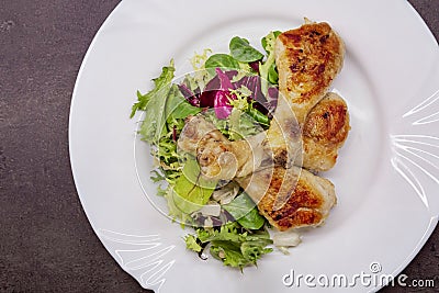 Chicken drumsticks with vegetable salad, grilled chicken legs on white plate Stock Photo