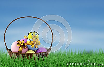Chicken in a easter egg in basket. 3d render Editorial Stock Photo