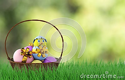 Chicken in a easter egg in basket. 3d render Editorial Stock Photo