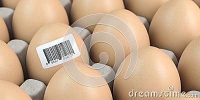 Chicken egg with barcode sticker. Quality control concept Cartoon Illustration