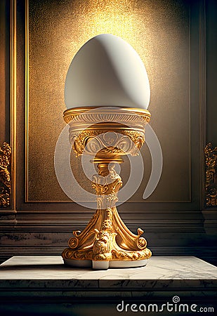 Chicken Egg Propped Up By Ornate Golden Base Under Spot Light - Generative AI Stock Photo