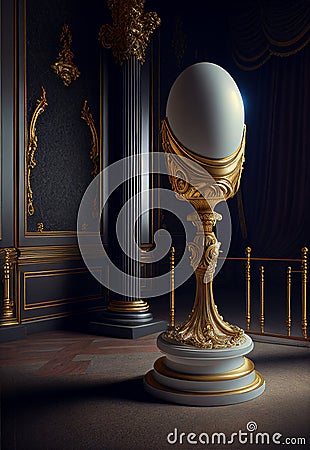 An Exquisite Egg Propped Up on an Ornate Golden Base Under Spot Light - Generative AI Stock Photo