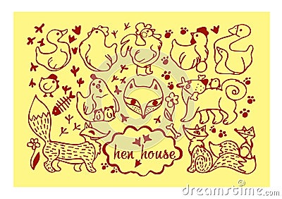 chicken, egg, rooster, chick, Fox, dog, footprint,goose, duck, flower, stylized animals Stock Photo