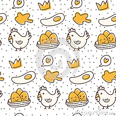 Chicken and egg seamless pattern in kawaii doodle style vector illustration Vector Illustration