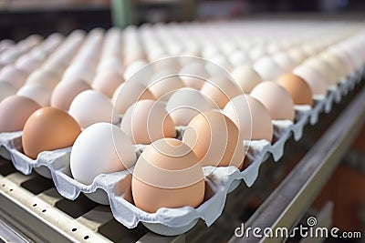 Chicken eggs move along a conveyor in a poultry farm. Food industry concept, chicken egg production Stock Photo