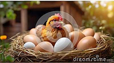 chicken and eggs in the nest, easter background, selective focus Stock Photo