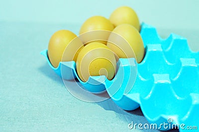 5 chicken eggs placed on a blue tray Stock Photo