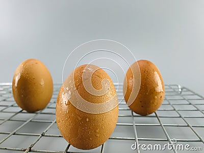 Chicken eggs placed on a metal sieve Stock Photo