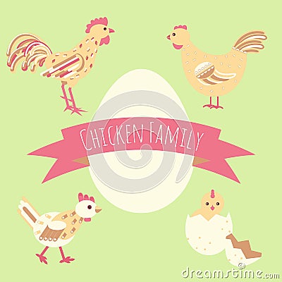 Chicken family around egg card Vector Illustration