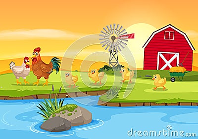 Chicken family at farm Vector Illustration