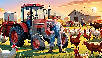 Chicken farm chickens livestock feeding red tractor help Cartoon Illustration