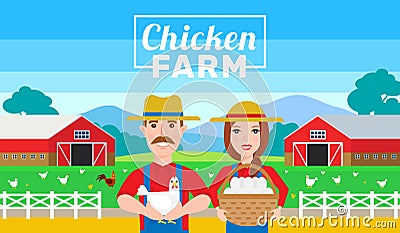 Chicken farm horizontal banner .farmers man and woman holding egg and hen Vector Illustration