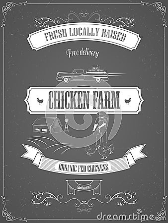 Chicken Farm Vintage Advertisement Vector Poster. Vector Illustration