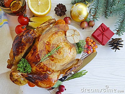 baked chicken fried whole food setting thanksgiving dinner homemade cooked christmas white on a wooden background Stock Photo